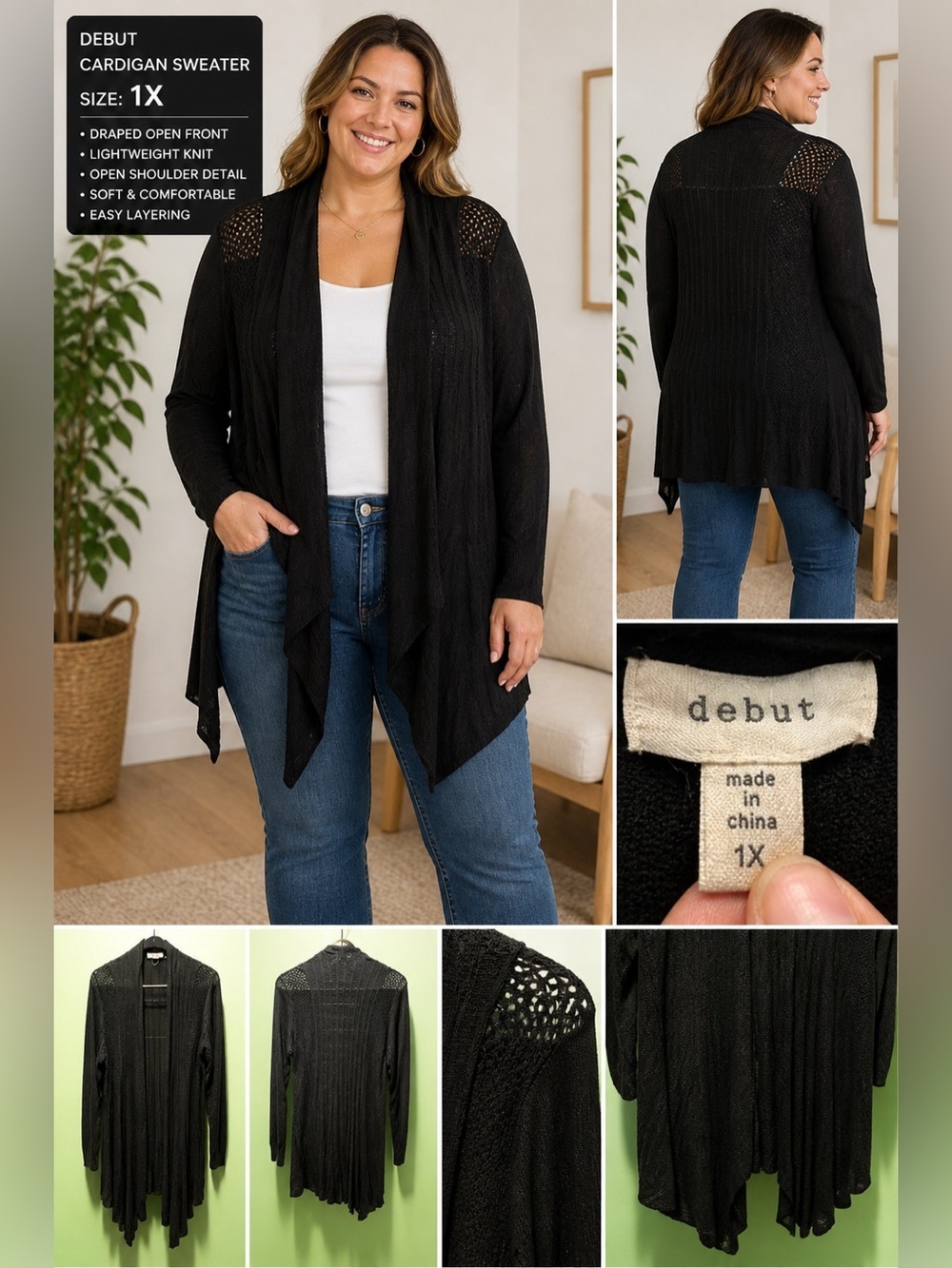Debut Black Cardigan Sweater with Draped Open Front 1X